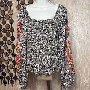 Savanna Jane Black and White Blouse with Red and Orange Floral Sleeves